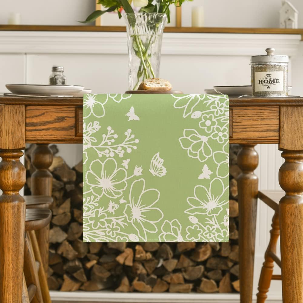 Artoid Mode Pink Bloom Flowers Butterfly Spring Table Runner, Seasonal Holiday Kitchen Dining Table Decoration for Home Party Indoor 13x72 Inch