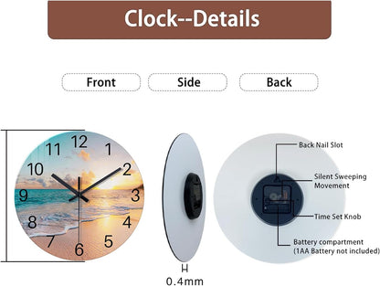 Beach Wall Clock Battery Operated 12 Inch Glass Wall Clock Non Ticking Analog Blue Wall Clocks for Bedroom Living Room Office Decor