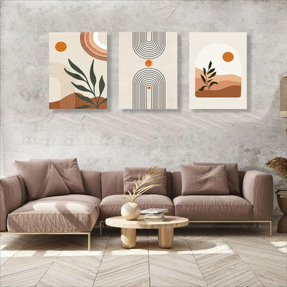 Sage Green Boho Wall Art Set of 3, Minimalist Framed Wall Art Geometric Line Leaf Sun Moon Beige Green Canvas Artwork Paintings, Abstract Botanical Boho Room Decor, Office, 12"x16"