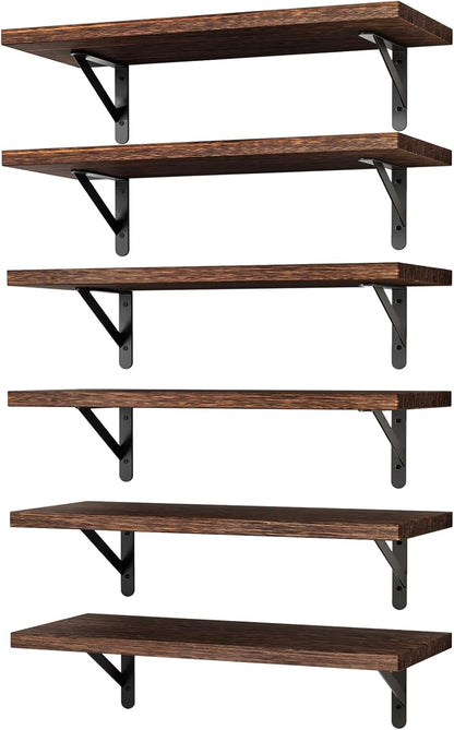 YGEOMER Brown Floating Shelves for Wall, 16.5 Inch Farmhouse Wall Shelves for Bedroom, Bathroom Storage, Living Room and Kitchen Decor (Set of 6 Brown)