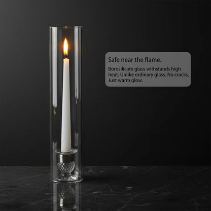 Glass Hurricane Candle Holders – 10 Clear Cylinder Covers & 10 Pillar Candle Bases, 2.6" D x 11.8" H Windproof Candle Holders for Wedding Centerpieces