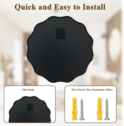 VooBang Black Scalloped Large Circle Mirror, 42" Wavy Edge Round Wall Mirror with Tempered Glass Textured Circular Metal Deep Frame, Hanging Leaning for Bathroom, Hallway, Entryway, Livng Room