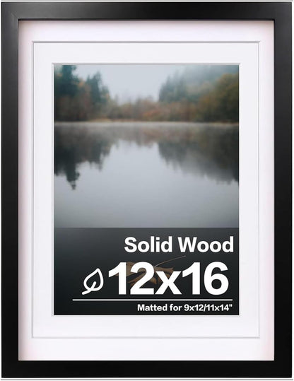 Egofine 12x16 Picture Frame Black, Covered by Plexiglass Made of Solid Wood, Display Pictures 9x12 and 11x14 with Mat or 12x16 Without Mat, for Wall Mounting Photo Frame - Colors B