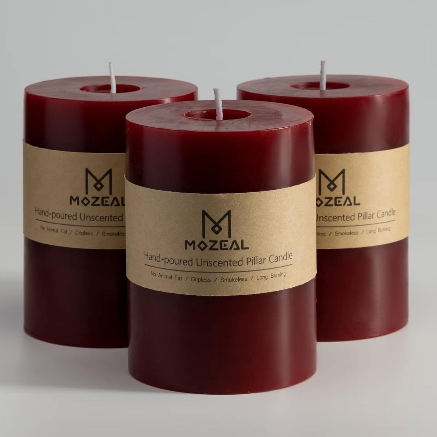 MOZEAL 3" x 4" Hand-Poured Unscented Candle,Dripless Pillar Candle Set of 3,Long Clean Burning,Approx 72 Hours Burn Time,Rustic Country Style,Wedding,Dinner,Christmas and Home Decor,White