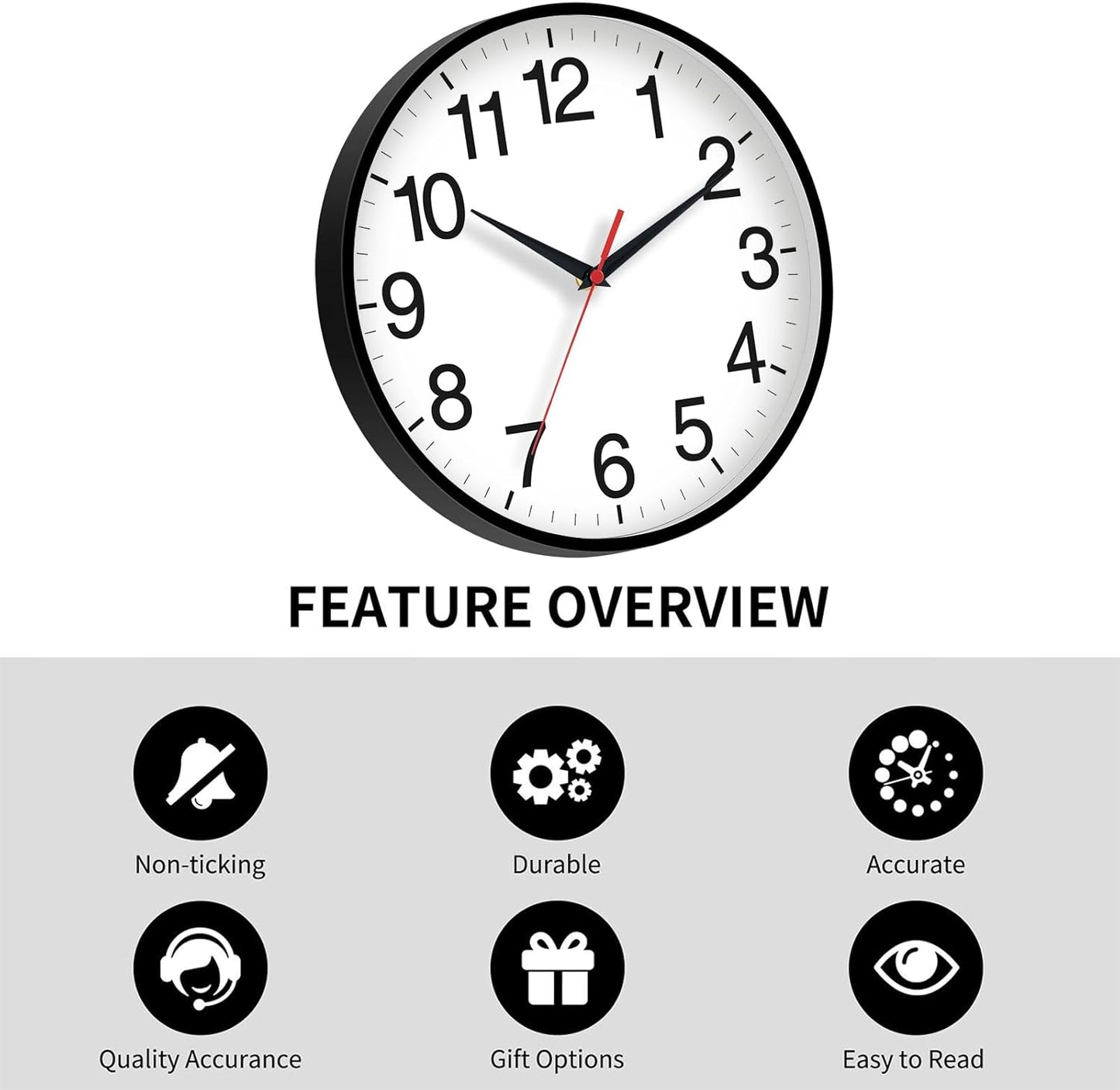 Rohioue Wall Clock Modern 8 Inch Battery Operated Silent Non Ticking Small Analog Clock for Living Room Office Home Bedroom Kitchen Bathroom(Black)