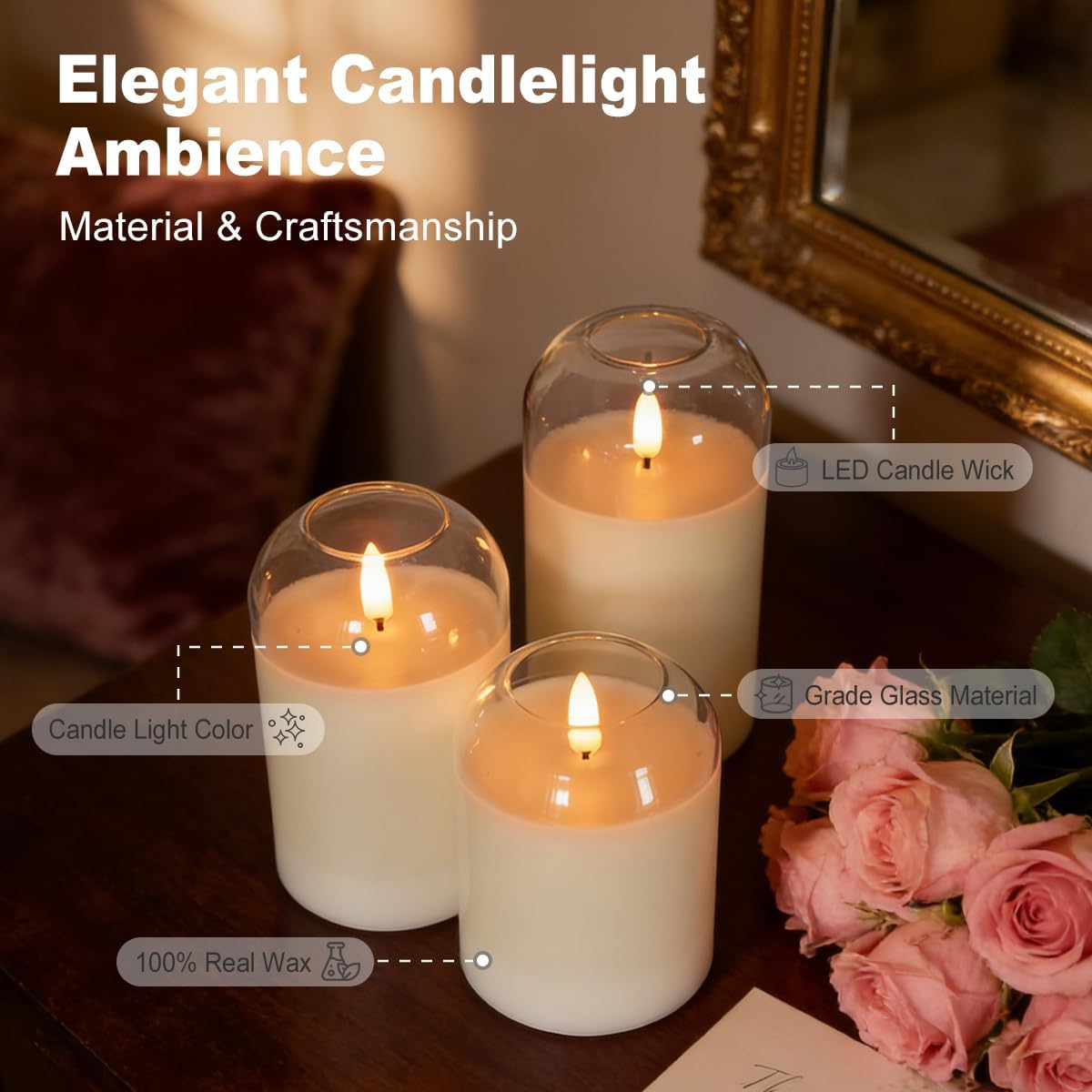 Rechargeable Flameless Glass Pillar Candles–Gifts for Women,–Set of 3, Realistic Flickering LED Light,Remote & Timer, Ideal for Living Room, Bedroom & Festival Wedding Home Party Decor