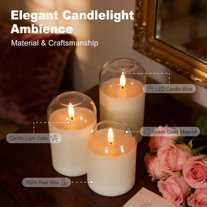 Rechargeable Flameless Glass Pillar Candles–Gifts for Women,–Set of 3, Realistic Flickering LED Light,Remote & Timer, Ideal for Living Room, Bedroom & Festival Wedding Home Party Decor