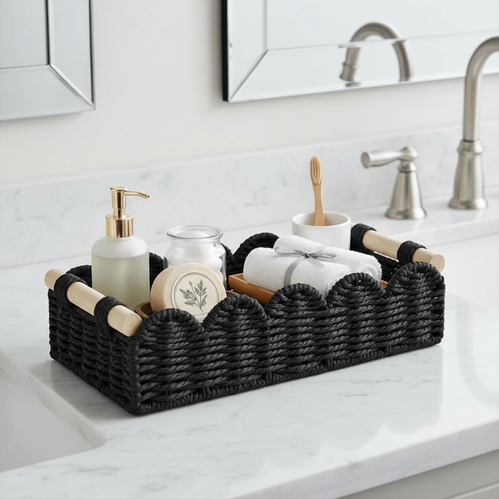 CubesLand Paper Rope Scalloped Edge Toilet Paper Storage Basket, Small Living Room, Bedroom Decor Baskets for Over Toilet Storage Shelf, End Table, Shelves and More, with 2 Wooden Handle, Neutral