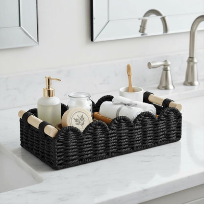 CubesLand Paper Rope Scalloped Edge Toilet Paper Storage Basket, Small Living Room, Bedroom Decor Baskets for Over Toilet Storage Shelf, End Table, Shelves and More, with 2 Wooden Handle, Neutral
