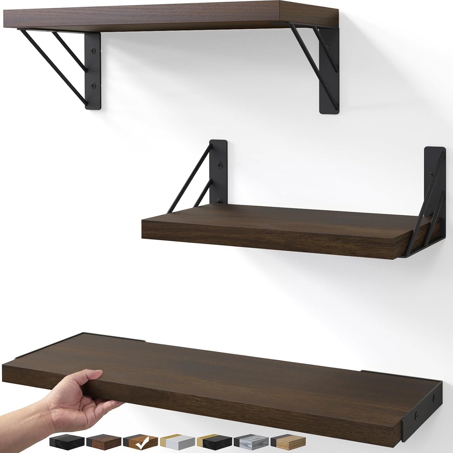 BAYKA Wall Mounted Floating Shelves, Wood Floating Wall Shelf for Books & Decor, Small Space-Saving Display & Organizer（Black，Set of 3）