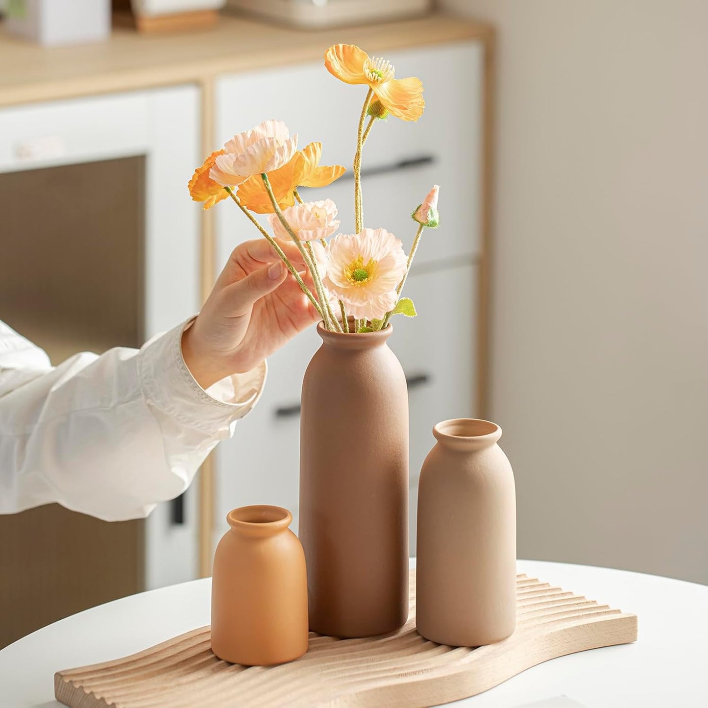 Ceramic Vase Set-3, Small Flower Vases for Decor, Modern Boho Farmhouse Style, Decorative Vases for Pampas Grass & Dried Flowers, Distressed Finish (Beige)