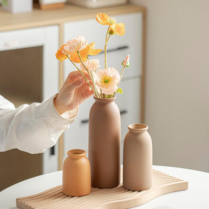 Ceramic Vase Set-3, Small Flower Vases for Decor, Modern Boho Farmhouse Style, Decorative Vases for Pampas Grass & Dried Flowers, Distressed Finish (Beige)