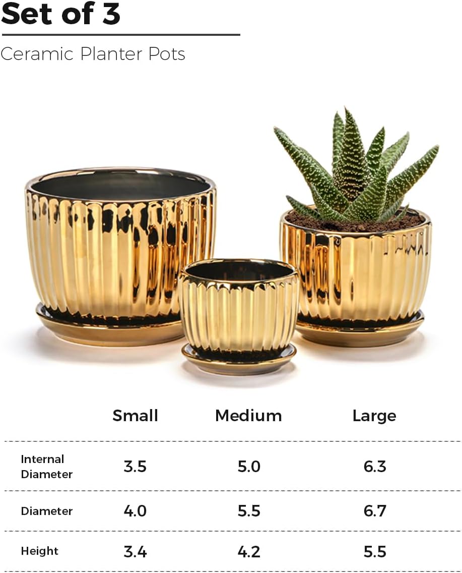 Ton Sin Pink Gold Ceramic Flower Pots, 4"+5"+6" Inch Small Glazed Succulent Planters with Drainage Hole,Modern Indoor Decorative Plant Pots Set of 3,Garden Pots with Saucer