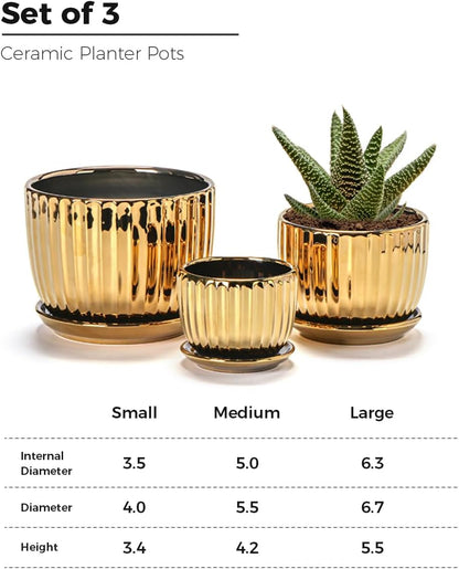 Ton Sin Pink Gold Ceramic Flower Pots, 4"+5"+6" Inch Small Glazed Succulent Planters with Drainage Hole,Modern Indoor Decorative Plant Pots Set of 3,Garden Pots with Saucer