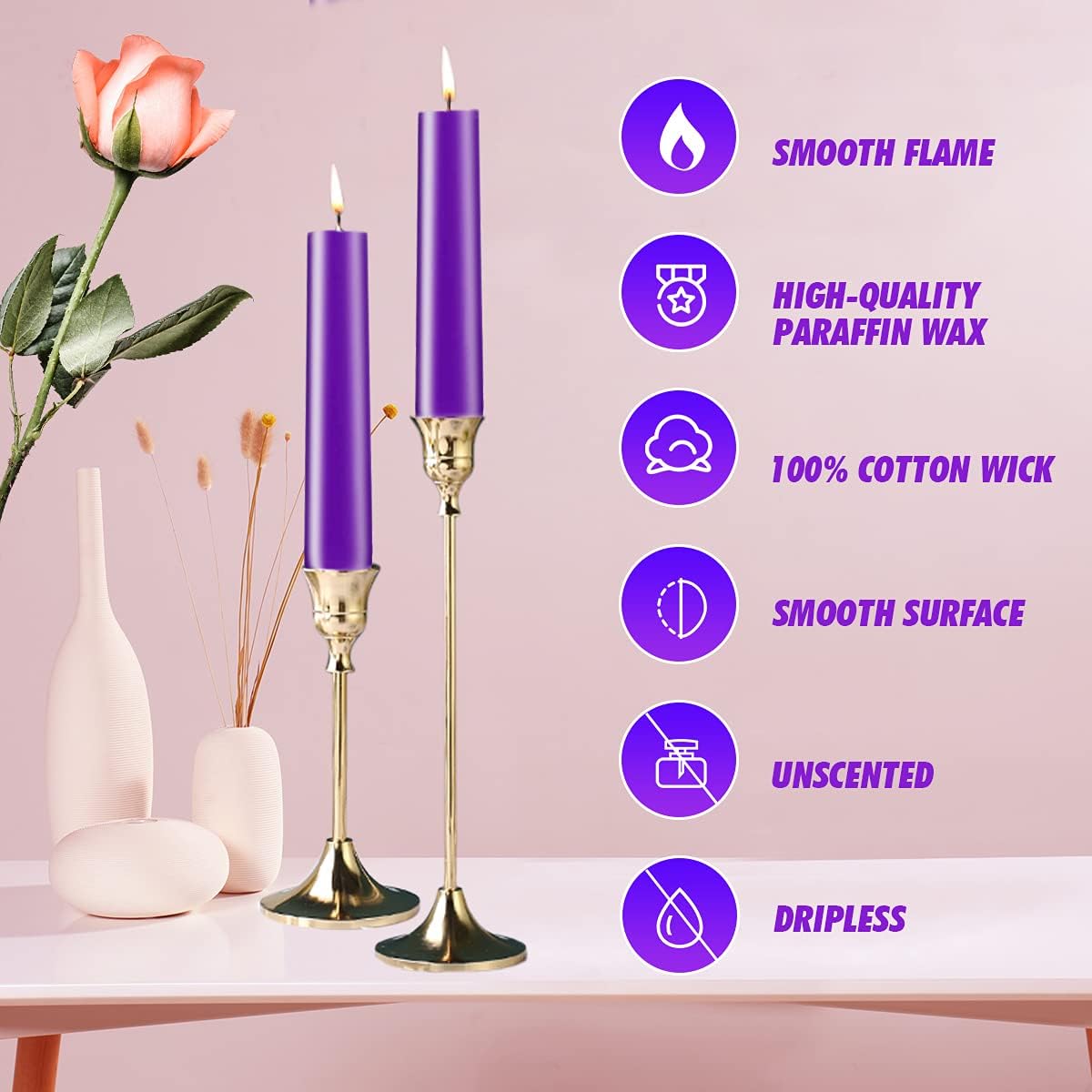 NIKY 10 inch Taper Candles for Christmas, Set of 12 Unscented Dripless Candlesticks - 8 Hours Long Burning for Home Decor, Wedding, Parties and Special Occasions (Ivory)