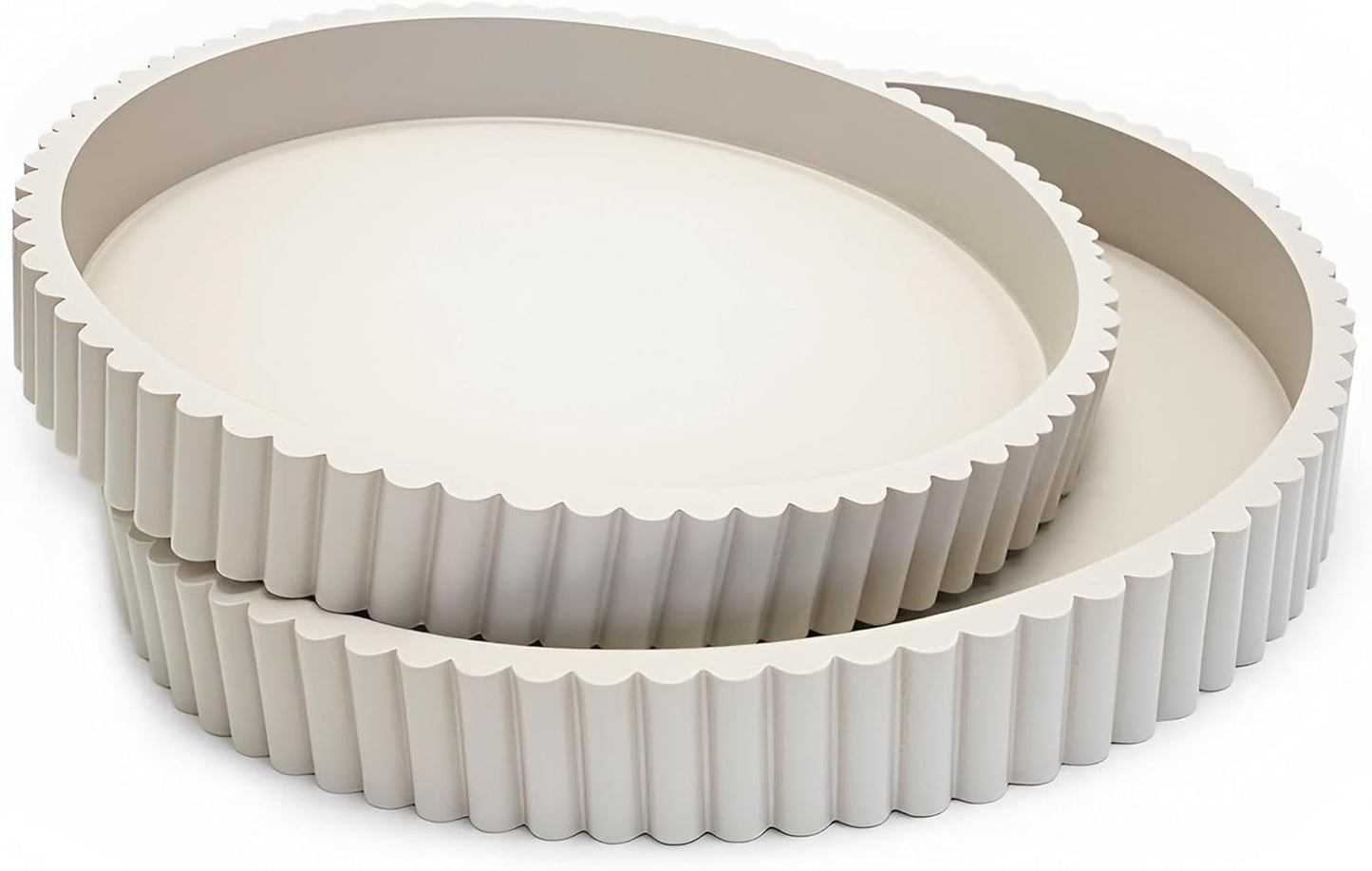 Modern Table Round Decorative Trays 2pcs Home Decor - Circle Coffee Table Centerpiece Set 12"/10" - Wooden Cool Grey Ottoman Tray with Fluted Edge