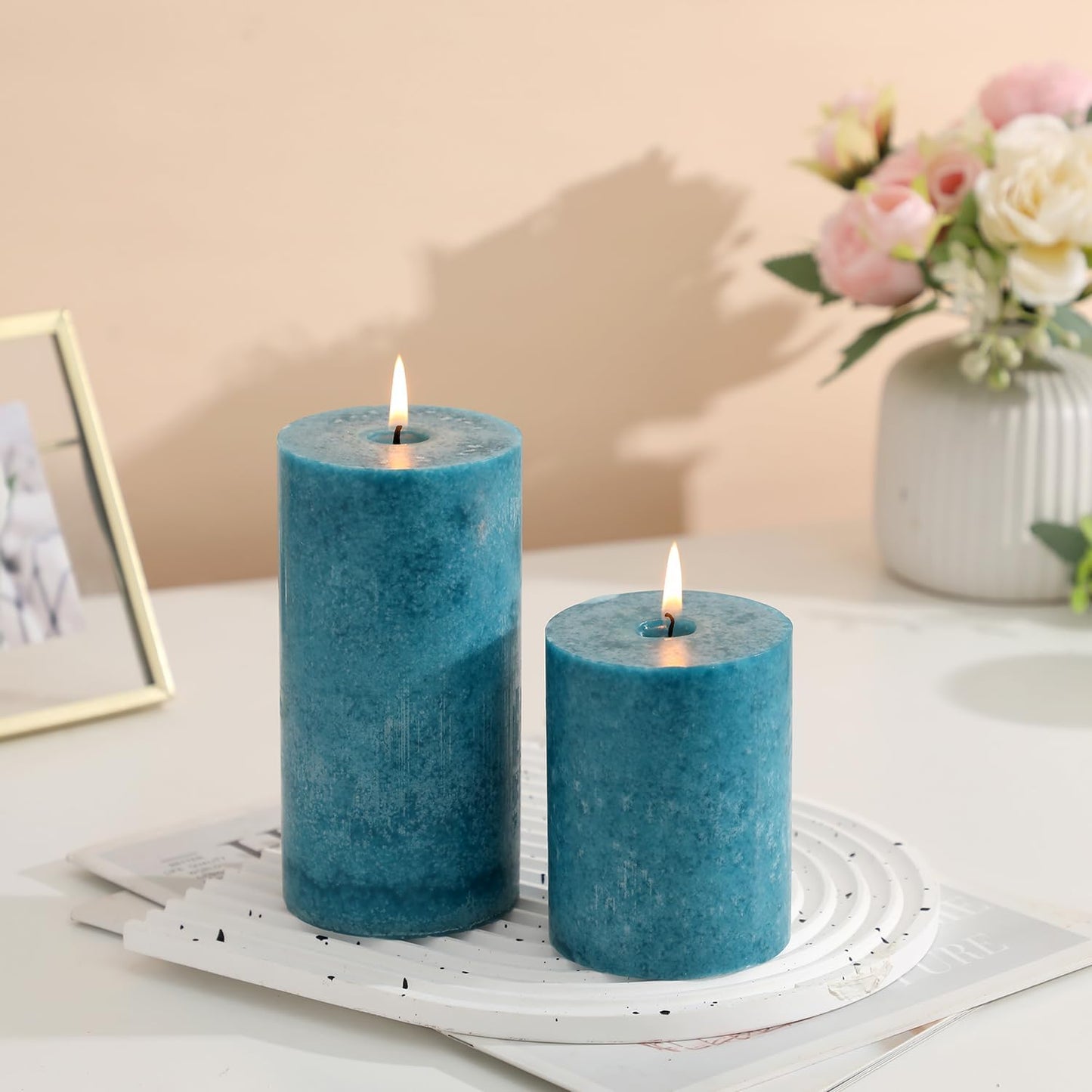 3x4 inch Green Pillar Candles Set of 3, Unscented Pillar Candle, Dripless and Smokeless Large Candles, Candle for Home Decor, Dinner Table,Weddings, Holidays