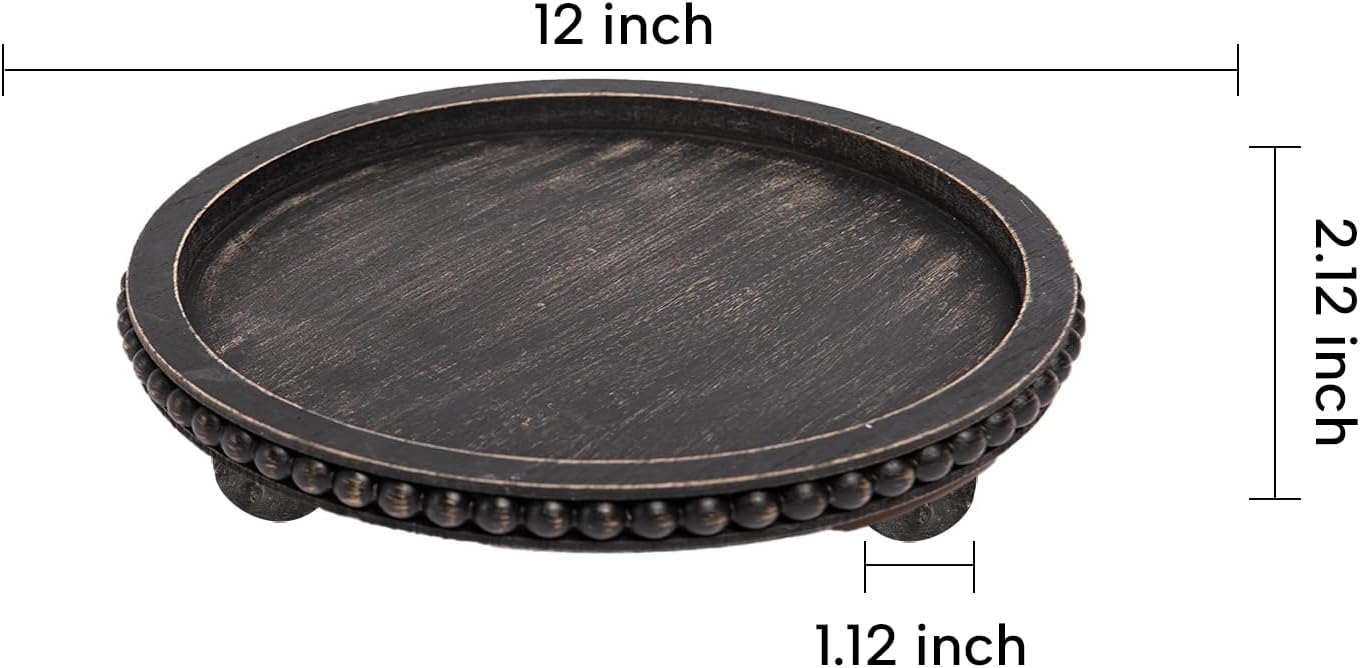 HPC Decor 12in Round Wood Tray - White, Distressed, Farmhouse Rustic - Decorative Tray for Living Room, Coffee Table, Kitchen Table or Farmhouse Serving Tray