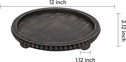 HPC Decor 12in Round Wood Tray - White, Distressed, Farmhouse Rustic - Decorative Tray for Living Room, Coffee Table, Kitchen Table or Farmhouse Serving Tray