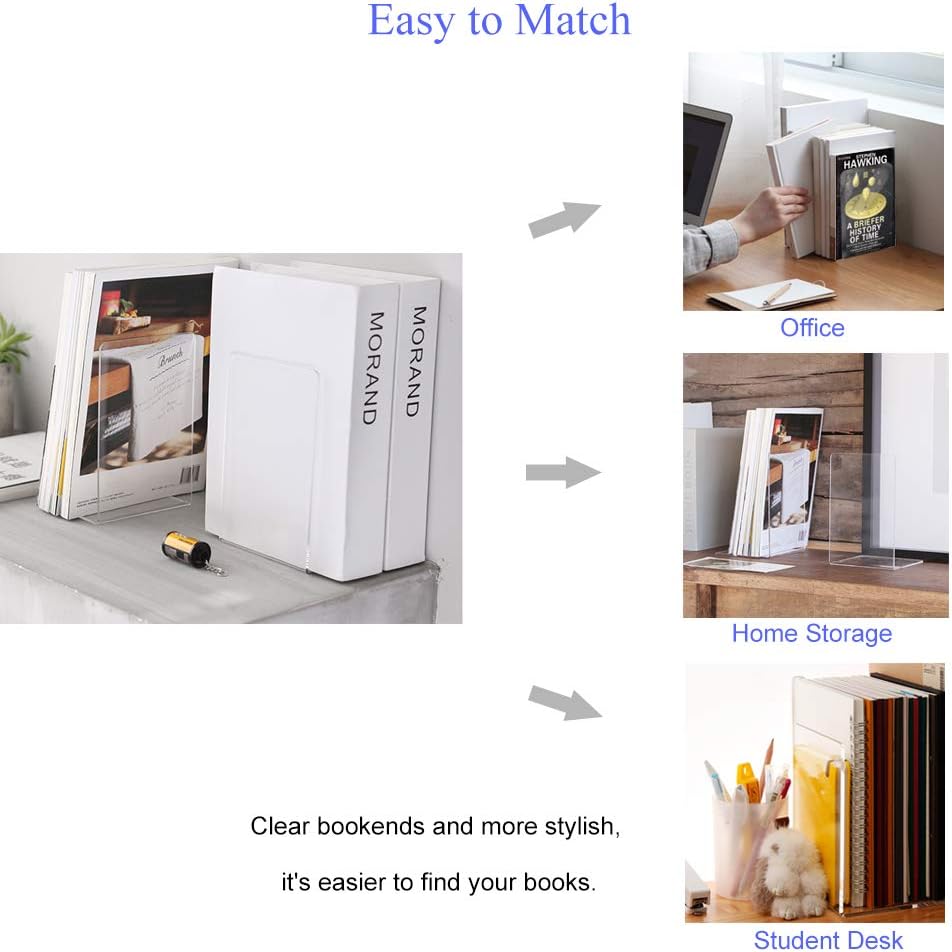 MerryNine Clear Book Ends 2pcs, Acrylic Bookends for Shelves, Non-Slip Bookend Decorative for Heavy Duty Book, Books Holder Stopper for Kids, Bookshelf Dividers Books Organizer for Office Home School