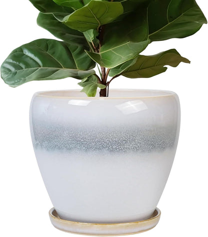 10 Inch Ceramic Planter Pot Round Plant Pot for Indoor Plants Outdoor Large Flower Pot with Drainage Hole and Saucer Blue