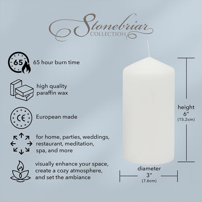 Stonebriar Unscented White Tall Pillar Candles, 65 Hour Burning Candle Pillars, Perfect for Decor, Weddings, Emergencies 3" X 6", 6 count