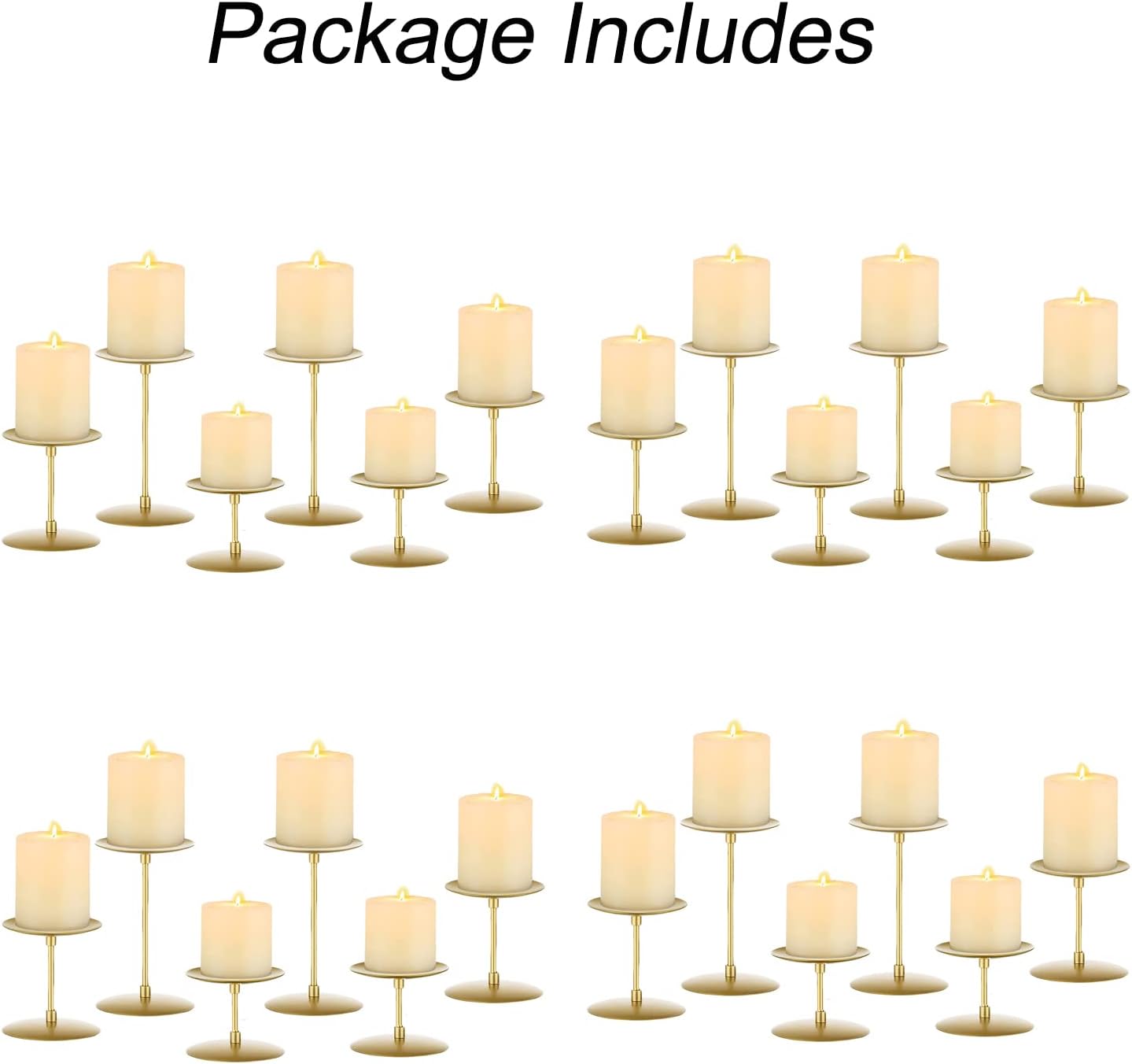 Pillar Candle Holders Candelabra Gold - Set of 12 Bulk Candle Stand Iron Plate Minimalism Modern Home Mantel Dinning Table Decorations Centerpiece for Wedding, Party, Housewarming, Events
