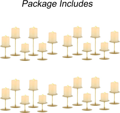 Pillar Candle Holders Candelabra Gold - Set of 12 Bulk Candle Stand Iron Plate Minimalism Modern Home Mantel Dinning Table Decorations Centerpiece for Wedding, Party, Housewarming, Events