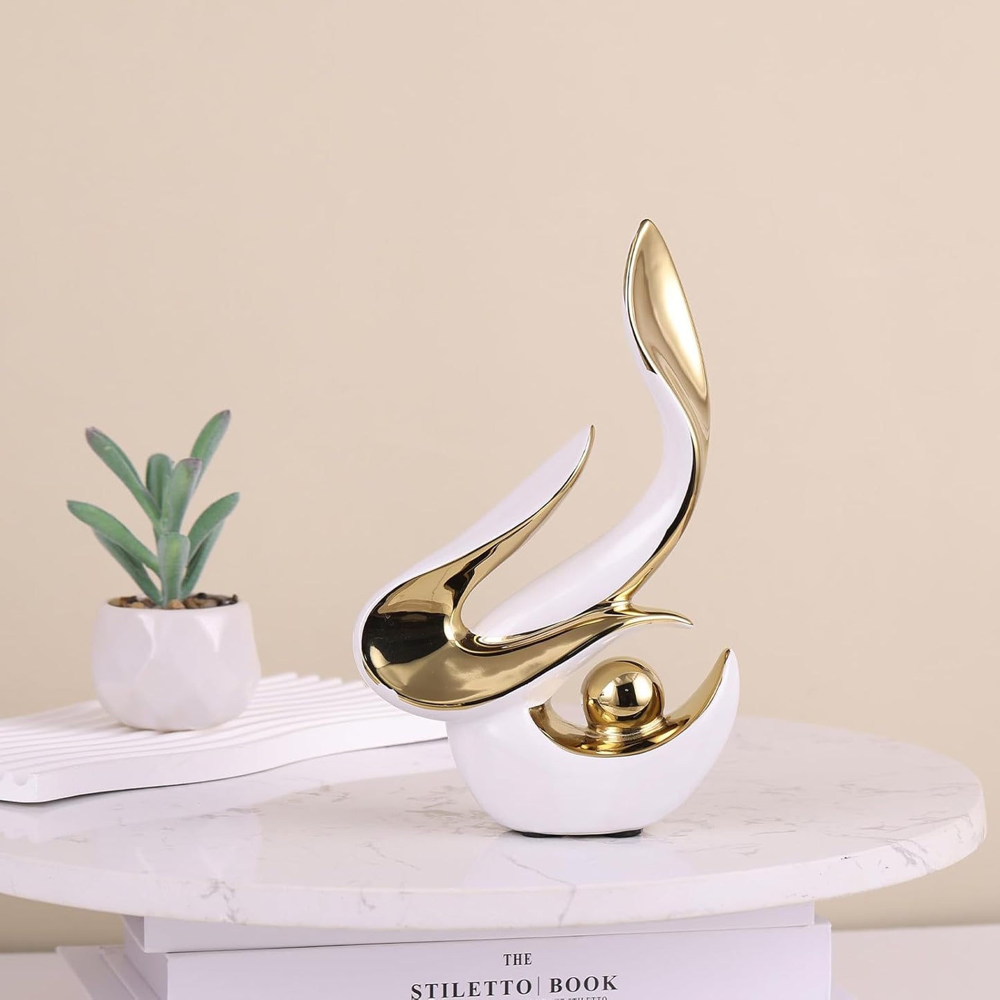 Silver Living Room Decor Table,Sculptures Home Decor,Modern Abstract Art,Dinner Table Centerpiece Decor,Ceramic Statue and Figurines Decorations Accent,Adorno Para Mesa Comedor(White Silver)