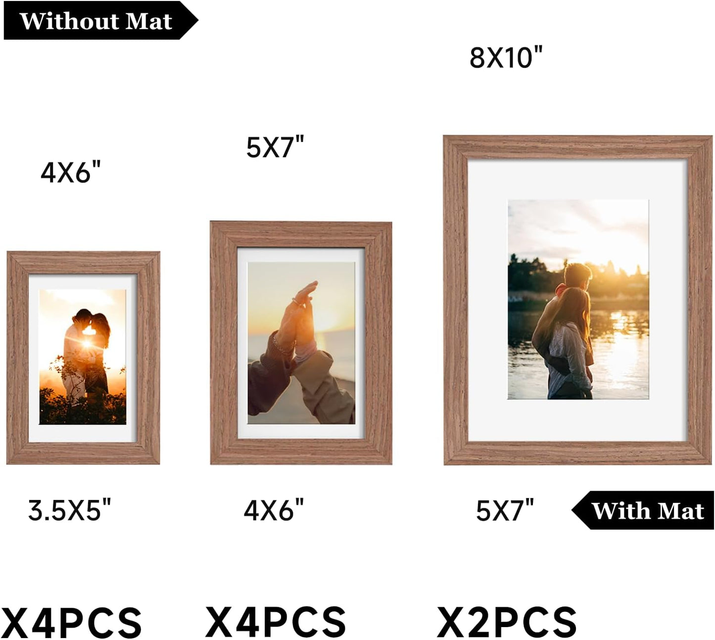 Povrgive Picture Frames, Made of Real Glass and Wooden Frame, Gallery Photo Frames Set of 10 for Collage Wall Decor, Multi Sizes Including 8x10, 5x7, 4x6 for Mounting or Tabletop Display, Wood