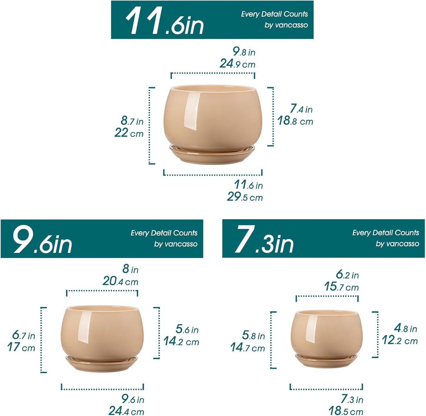 vancasso 3-Pack Ceramic Plant Pots, 3.7/4.8/6.2 Inch Indoor Planters with Saucers & Drainage Hole Planter pots for Indoor Plants and Flower, White
