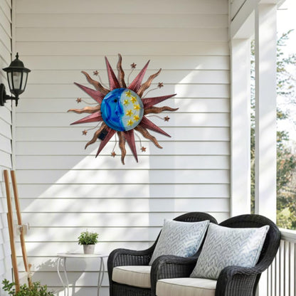 Large Metal Sun Wall Decor Outdoor, 27 Inch Sun and Moon Decor Metal Wall Art, 3D Sun Wall Decor for Patio Garden Yard Fence Bedroom Living Room Decoration