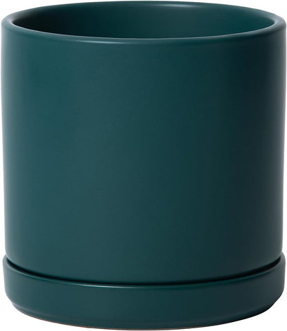 D'vine Dev 6.5 Inch Ceramic Planter Pot with Drainage Hole and Saucer, Indoor Cylinder Round Planter Pot, Olive, 94-O-C-J