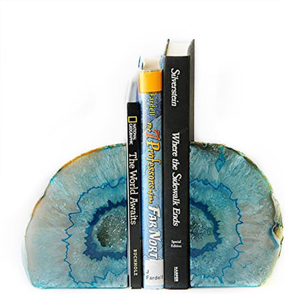 JIC Gem Dyed Blue Agate Bookends Geode Decorative Book Ends for Heavy Books with Rubber Bumpers for Office and Home Decoration Polished Small Size 2 to 3 Lbs