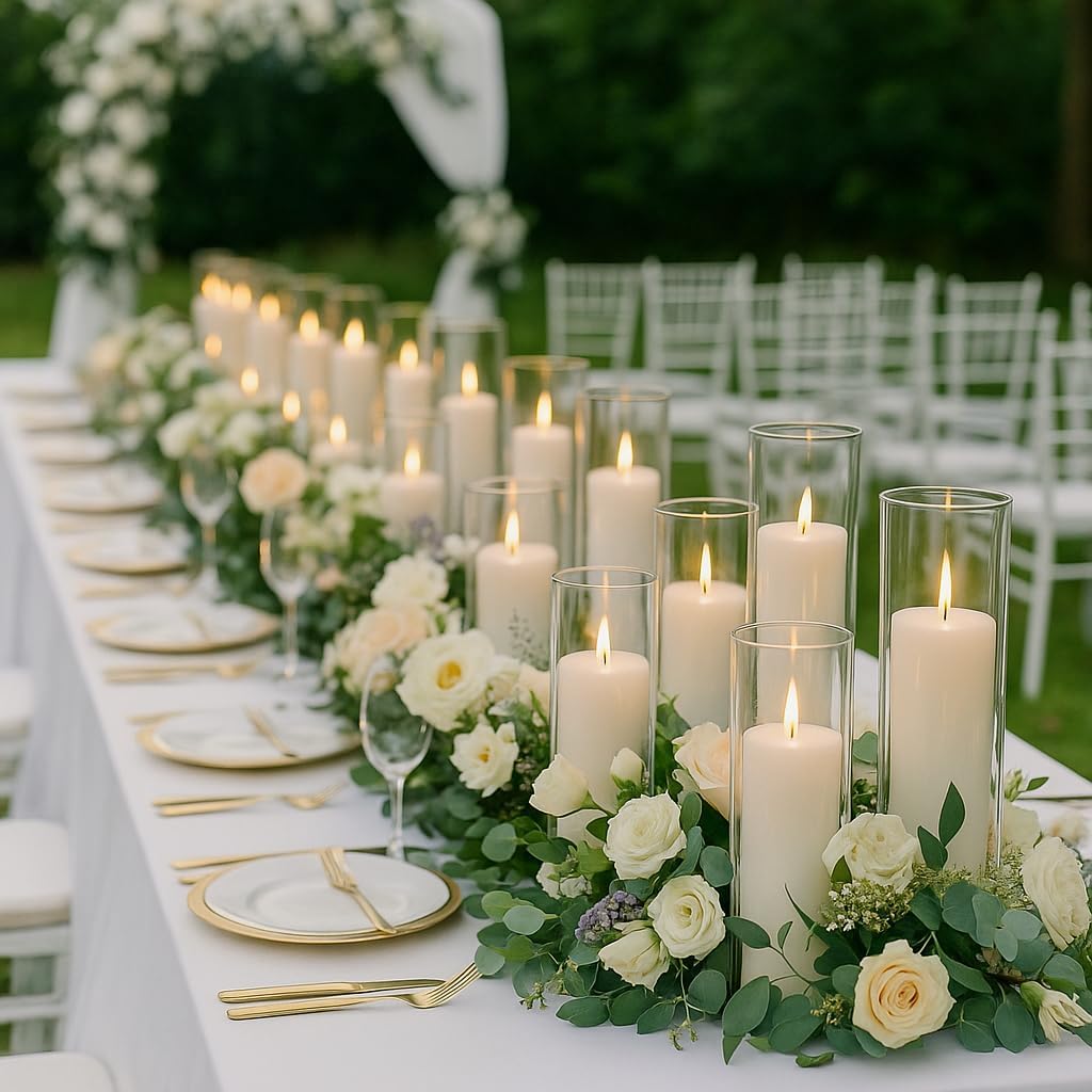 Set of 6 White Pillar Candles with Clear Glass Hurricane Holders- Elegant Cylinder Candle Vases for Weddings, Parties, Centerpieces, Home & Office Decor (White, 6 Set)
