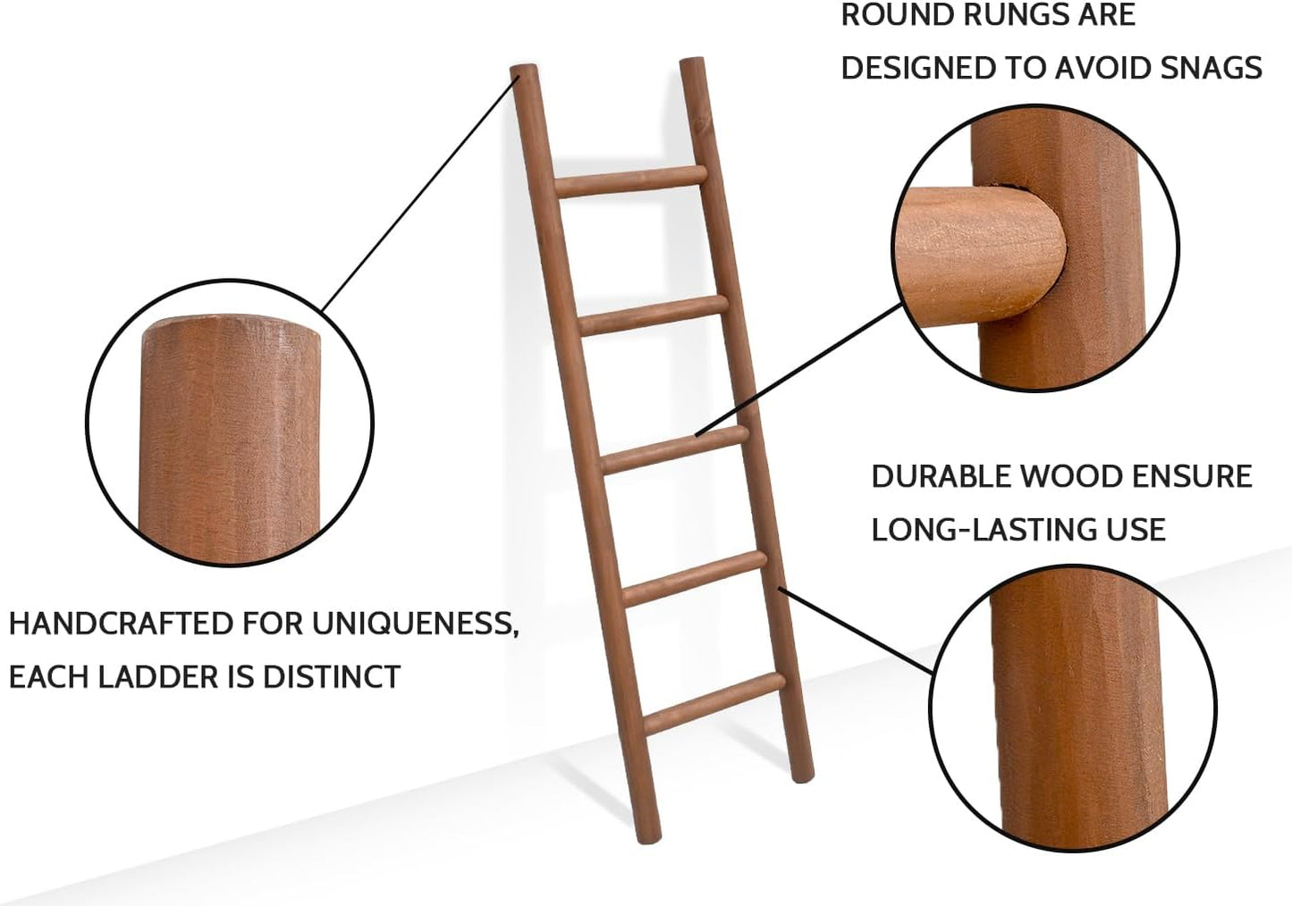 FUIN 57in Wood Blanket Ladder Living Room Decorative Wall Leaning Farmhouse Quilt Display Holder Rustic Wooden Towel Rack for Bathroom, Brown
