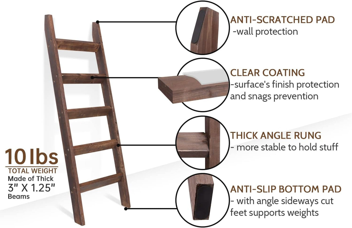 FUIN 5ft (58") Wood Blanket Ladder Living Room Decorative Wall Leaning Farmhouse Quilt Display Holder Storage Rustic Wooden Towel Rack for Bathroom, Brown