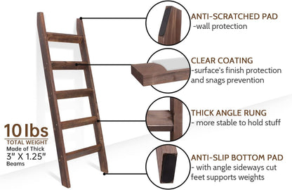 FUIN 5ft (58") Wood Blanket Ladder Living Room Decorative Wall Leaning Farmhouse Quilt Display Holder Storage Rustic Wooden Towel Rack for Bathroom, Brown