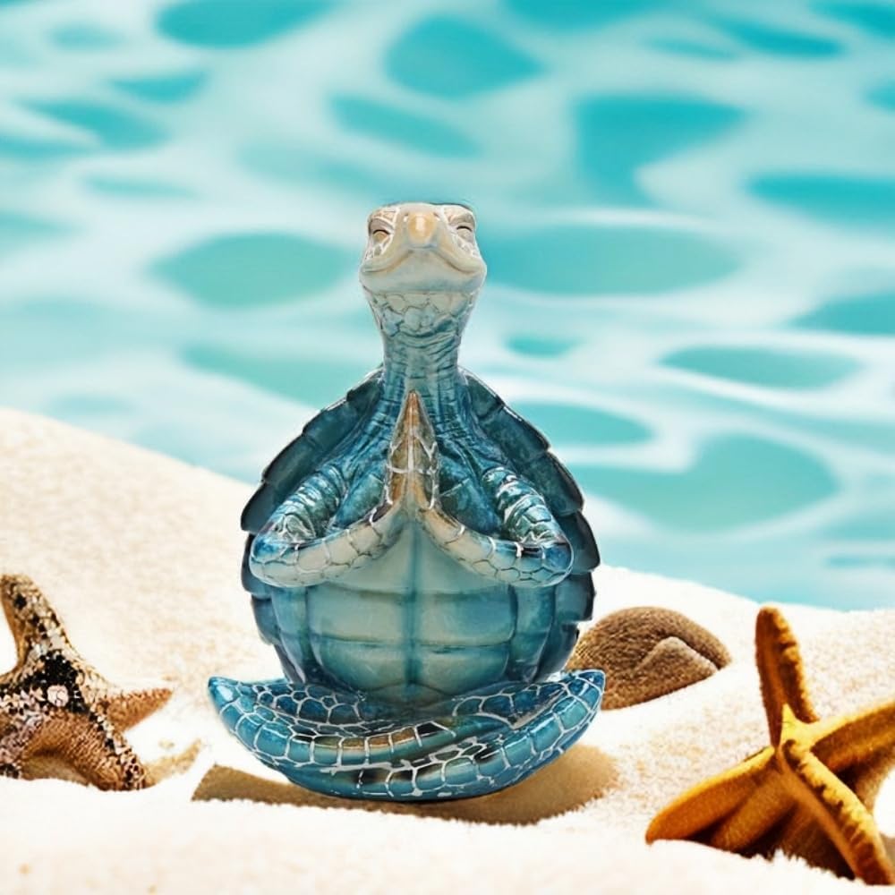 VVGIFTS Sea Turtle Meditation Yoga Decor, Garden Figurine Sea Turtle Meditating Coastal Beach Decorations, Zen Yoga Resin Statue for Home Office Decorations (Put the Palm Separate)