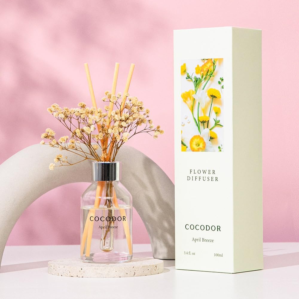 COCODOR Flower Reed Diffuser Set / 3.4oz / White Jasmine/Scent Diffuser with Sticks Home Fragrance Reed Diffuser for Bathroom Shelf Decor
