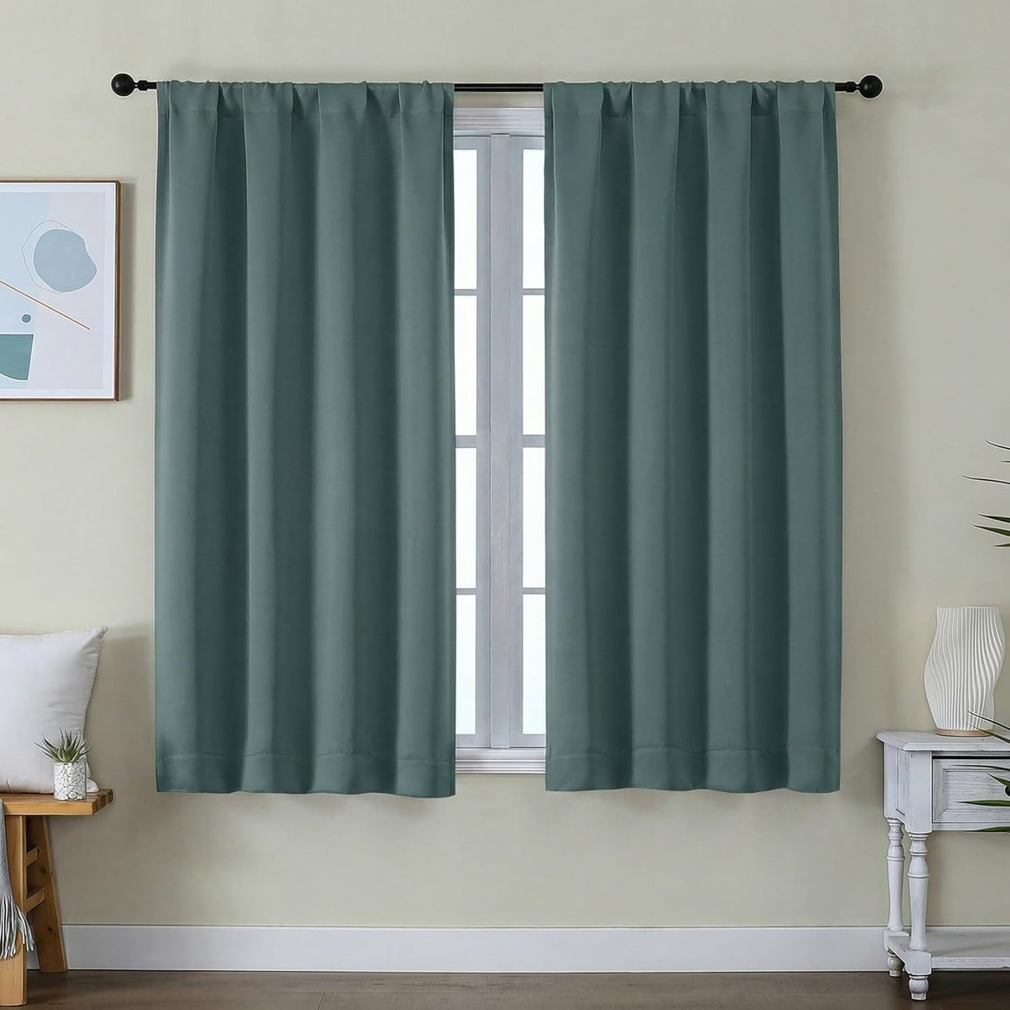 Simplebrand Ava Sage Green Blackout Curtains for Bedroom 63 Inch Length 2 Panels Set, Solid Thermal Insulated Energy Saving Rod Pocket Window Treatment Curtains Blackout Drapes, W40 x L63 Inch, Sage - Colors B
