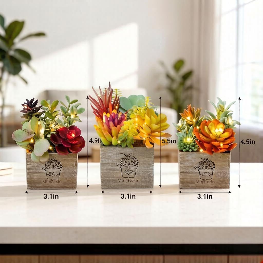 Succulent Plants Artificial, 3 Pack Small Fake Plants in Wood Pot for Home Decor, Farmhouse Artificial Plants Indoor for Living Room Bathroom Bedroom Office Kitchen Desk Wedding Coffee Table Decor