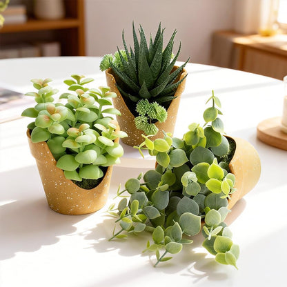3 Pack Artificial Succulent Plants, Small Potted Fake Plants, Artificial Eucalyptus Leaf Aloe Vera Plants, for Home Decor, Farmhouse Bathroom Office Decor