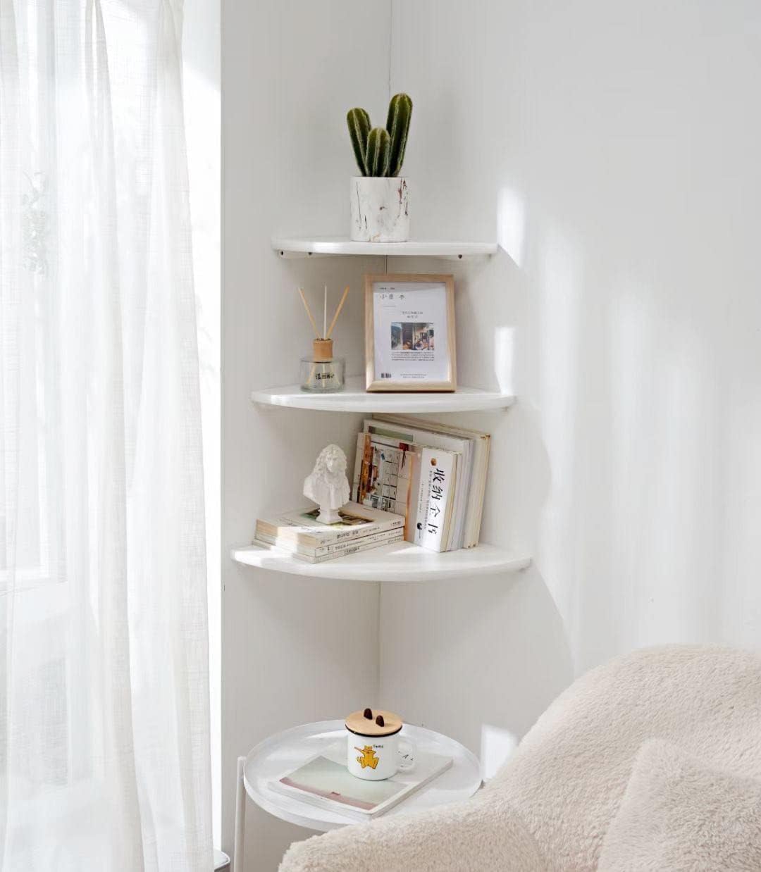 Corner Shelves, Floating Corner Shelf, Set of 2 7inch Solid Oak Wood Wall Shelves, Round End Wall Mount with Wire Hole Shelving for Small Plant for Bedroom Kitchen, Living Room