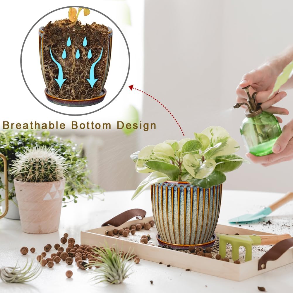 Oairse Ceramic Pots for Indoor Plants, 4.9 +5.7 inch Set of 2 Brown Plant Pots with Drainage Holes and Saucers Texture Ceramic Planters Indoor Outdoor Flower Planters for Succulent