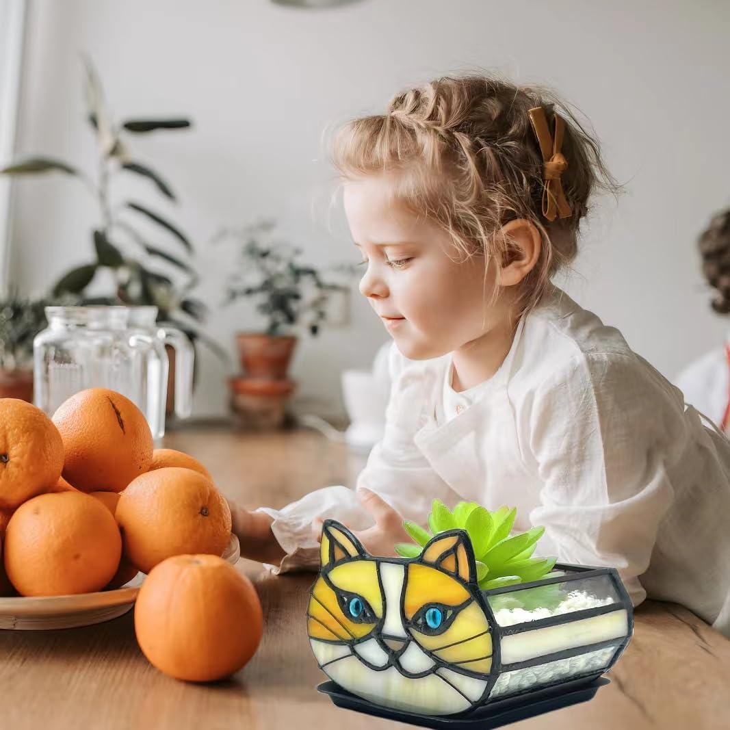 Tiffany Stained Glass Fun Moon Sleeping Cat Planter，Cactus Planter，Cute Planters for Indoor Plants,Decorative Flower Pots As Gifts for Cat Lovers，4.6x3x5.15 in
