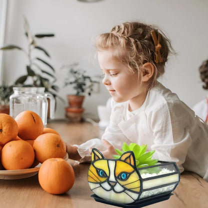 Tiffany Stained Glass Fun Moon Sleeping Cat Planter，Cactus Planter，Cute Planters for Indoor Plants,Decorative Flower Pots As Gifts for Cat Lovers，4.6x3x5.15 in