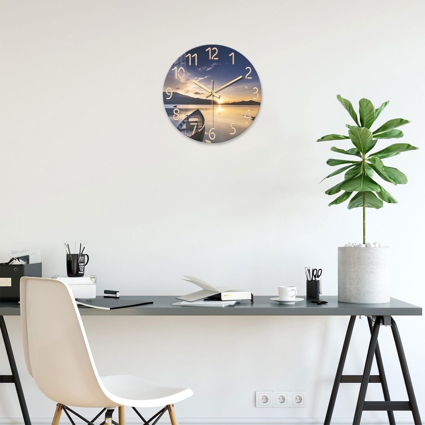 Beach Wall Clock Battery Operated 12 Inch Glass Wall Clock Non Ticking Analog Blue Wall Clocks for Bedroom Living Room Office Decor