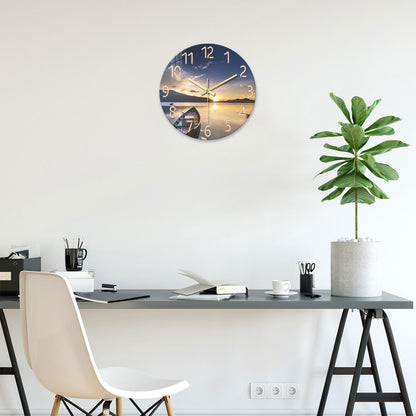 Beach Wall Clock Battery Operated 12 Inch Glass Wall Clock Non Ticking Analog Blue Wall Clocks for Bedroom Living Room Office Decor