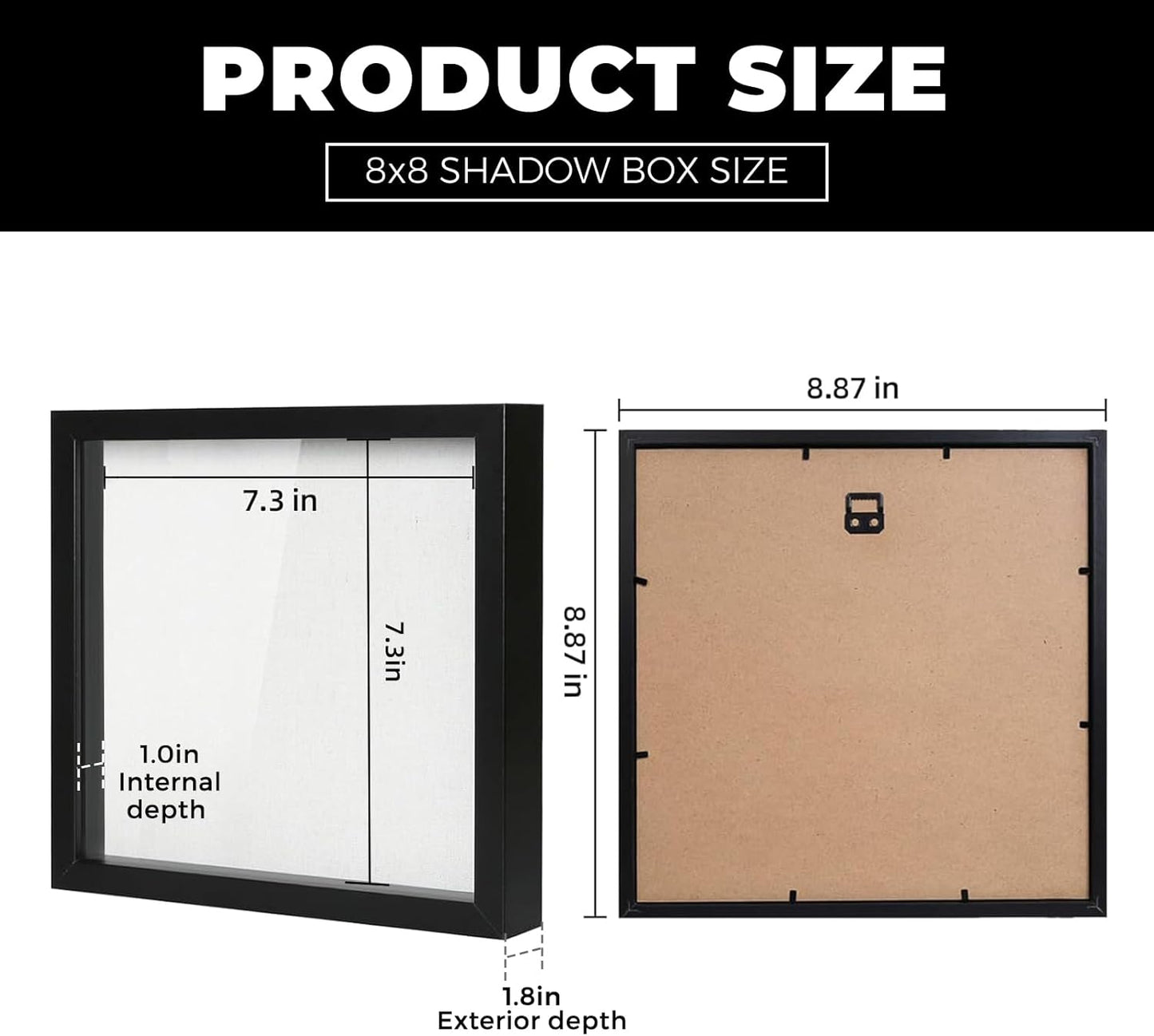 Muzilife 8x8 Shadow Box Picture Frame with Linen Board - Deep Wood & Glass Display Case Ready to Hang Memory Box Baby Sports Memorabilia, Pins, Awards, Medals, Wedding, Tickets and Photos (Black)